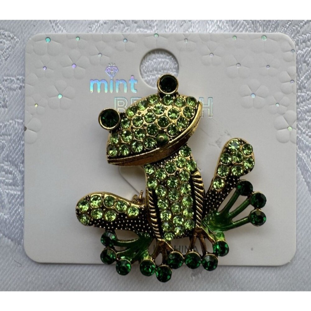 Mint Happy Colorful Green Sitting Frog Rhinestone Brooch 1.5" NEW